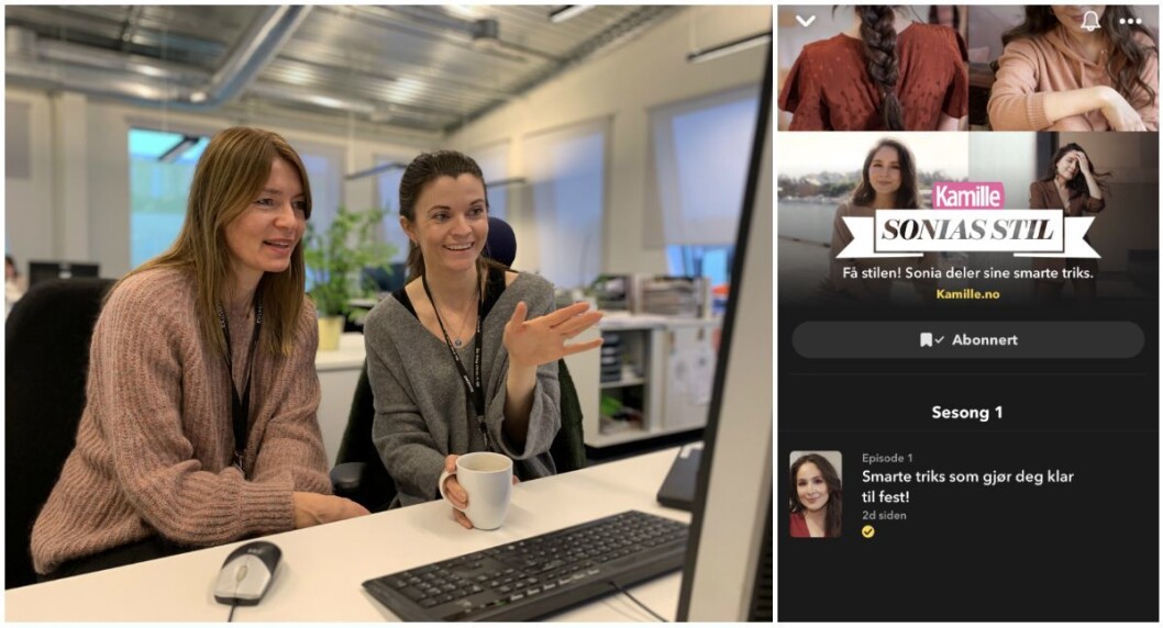 Utvikling- og produktsjef Mette Karlsrud Stene i Egmont Publishing og Kamille-redaktør Madeleine Strand. Til høgre er skjermdump av Kamille-programmet «Sonias stil» på Snapchat. Utvikling- og produktsjef Mette Karlsrud Stene i Egmont Publishing og Kamille-redaktør Madeleine Strand. Til høgre er skjermdump av Kamille-programmet «Sonias stil» på Snapchat.
