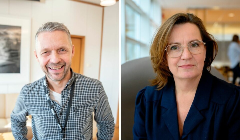 NRKs distriktsdirektør Marius Lillelien (til venstre) og ny utviklingsredaktør med ansvar for strategiske satsninger og samarbeid i de nye regionene, Jannicke Engan.