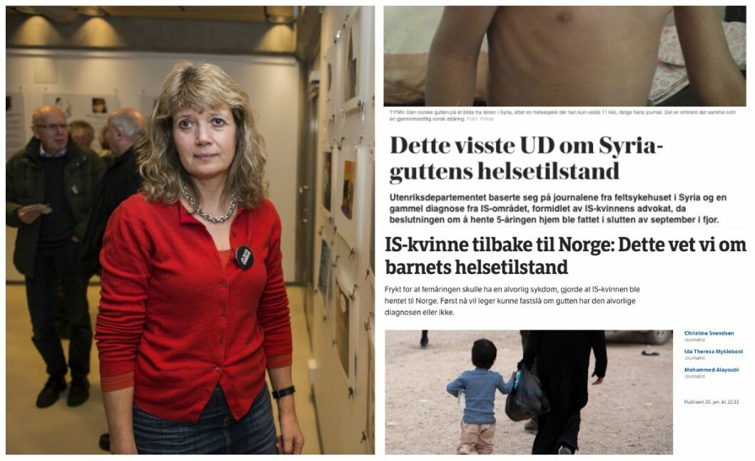 Generalsekretær Ann-Magrit Austenå i Norsk organisasjon for asylsøkere (NOAS). Til høgre er artiklar frå NRK og VG.