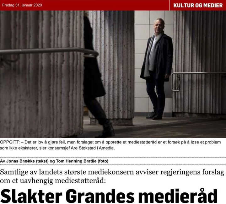 Faksimile av Klassekampen-artikkel fredag 31. januar, med tittelen «Slakter Grandes medieråd».