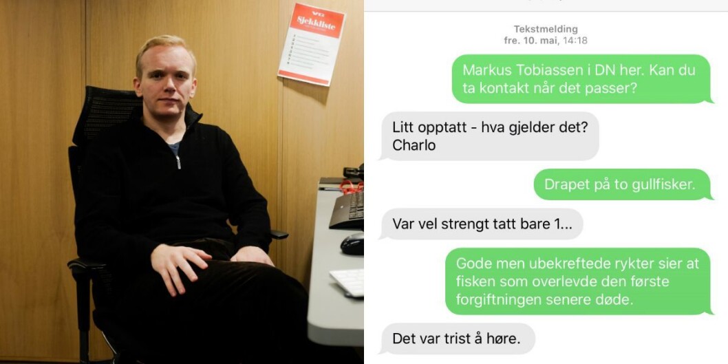 VG-journalist Markus Tobiassen og en sms-utveksling med underholdningsredaktør Charlo Halvorsen i NRK fra da Tobiassen jobbet i Dagens Næringsliv. VG-journalist Markus Tobiassen og en sms-utveksling med underholdningsredaktør Charlo Halvorsen i NRK fra da Tobiassen jobbet i Dagens Næringsliv.