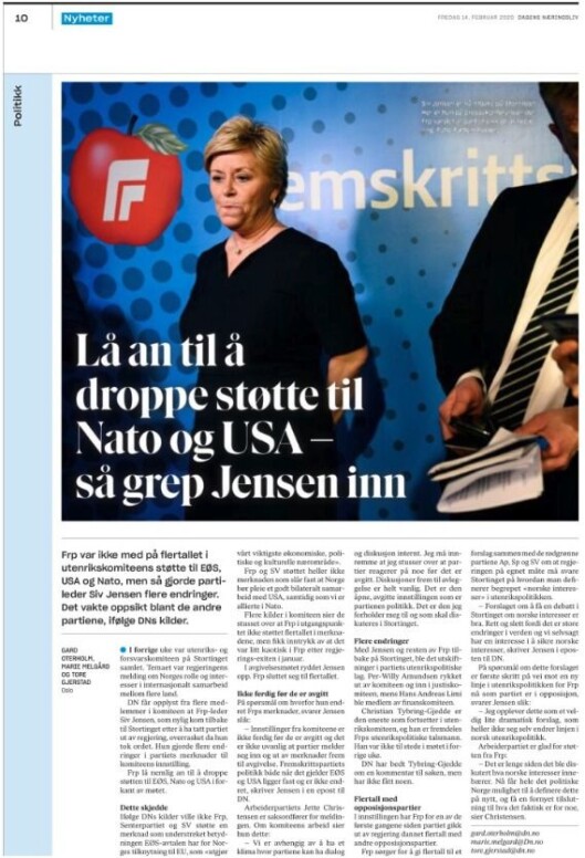 Faksimile av Dagens Næringslivs oppslag på papir 14. februar. Saka kom på nett 13. februar. Faksimile av Dagens Næringslivs oppslag på papir 14. februar. Saka kom på nett 13. februar.