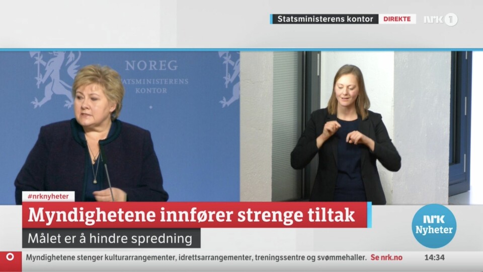 Skjermdump av NRK si sending av Erna Solberg sin presseoknferanse om koronaviruset torsdag.
