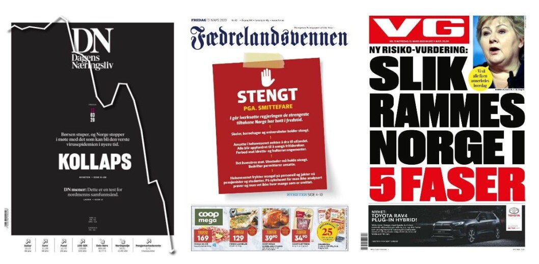 Dagens Næringsliv, Fædrelandsvennen og VG fredag 13. mars. Dagens Næringsliv, Fædrelandsvennen og VG fredag 13. mars.