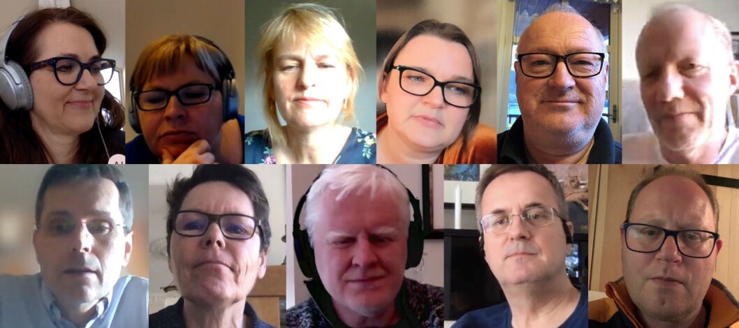 Flere ganger i uken har Bransjerådet med medlemmer fra seks medieorganisasjoner digitale møter. Øverst f.v. Reidun Kjelling Nybø (NR), Elin Floberghagen (NP), Randi Øgrey (MBL), Hege Iren Frantzen (NJ), Rune Hetland (LLA) og Arne Jensen (NR). Nederst f.v. Bjørn Wisted (MBL), Berit Nyman (Fagpressen), Dag Idar Tryggestad (NJ), Per Brikt Olsen (Fagpressen) og Tomas Bruvik (LLA). Flere ganger i uken har Bransjerådet med medlemmer fra seks medieorganisasjoner digitale møter. Øverst f.v. Reidun Kjelling Nybø (NR), Elin Floberghagen (NP), Randi Øgrey (MBL), Hege Iren Frantzen (NJ), Rune Hetland (LLA) og Arne Jensen (NR). Nederst f.v. Bjørn Wisted (MBL), Berit Nyman (Fagpressen), Dag Idar Tryggestad (NJ), Per Brikt Olsen (Fagpressen) og Tomas Bruvik (LLA).