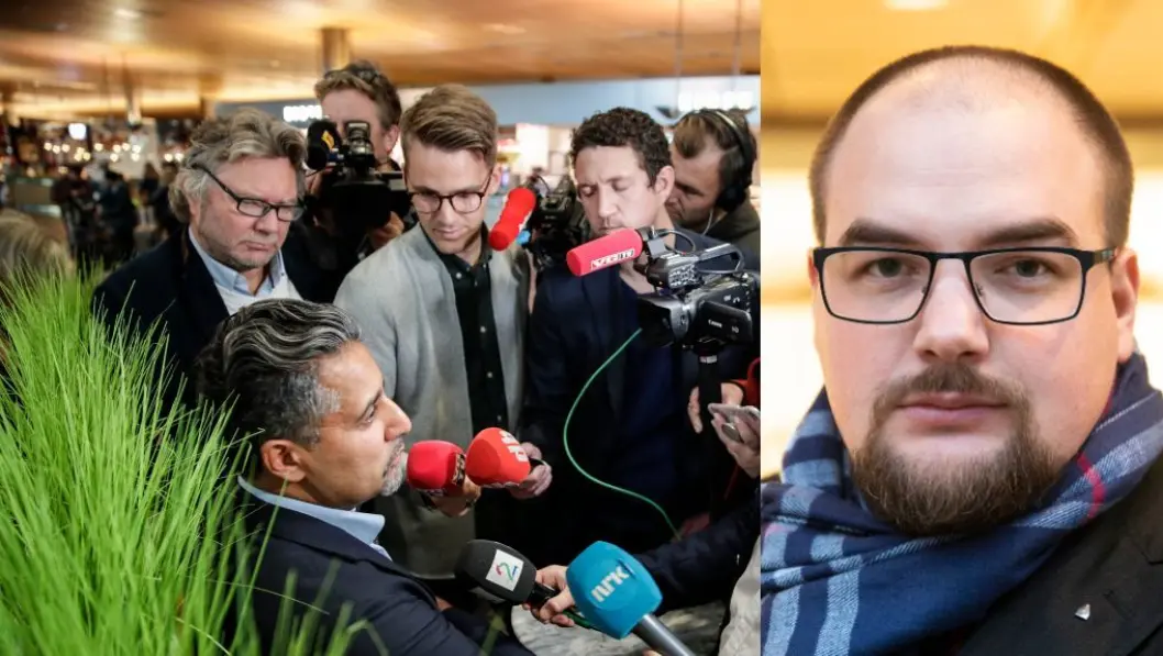 Kultur- og medieminister Abid Q. Raja. Innfelt: Erik Waatland, ansvarlig redaktør og daglig leder i Medier24. Kultur- og medieminister Abid Q. Raja. Innfelt: Erik Waatland, ansvarlig redaktør og daglig leder i Medier24.