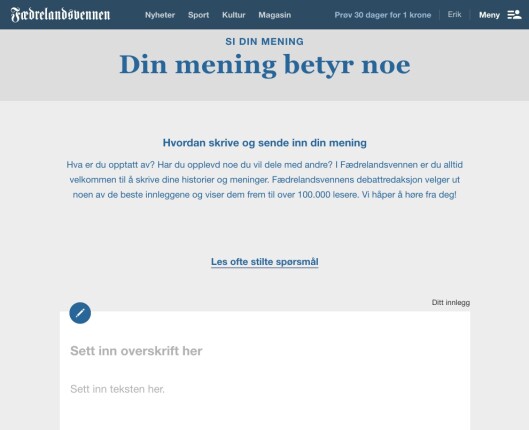 Faksimile fra Fædrelandsvennens nettside. Faksimile fra Fædrelandsvennens nettside.