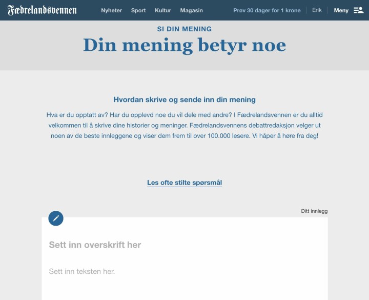 Faksimile fra Fædrelandsvennens nettside.