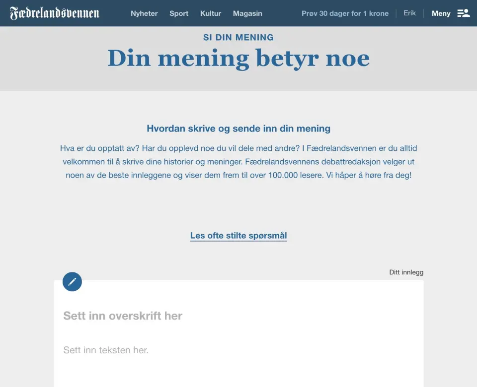 Faksimile fra Fædrelandsvennens nettside. Faksimile fra Fædrelandsvennens nettside.