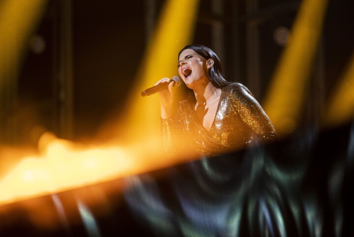 Ulrikke Brandstorp fremfører sin låt Attention under generalprøven til finalen i Melodi Grand Prix i Trondheim spektrum.