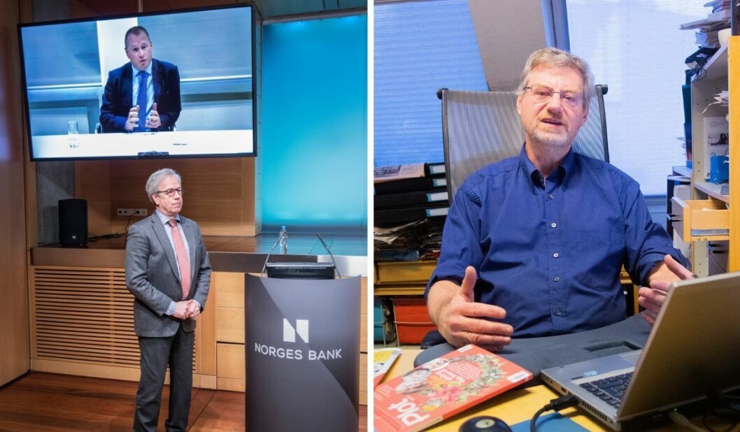 Nicolai Tangen (på storskjerm) presenteres som ny sjef for Oljefondet, her med sentralbanksjef Øystein Olsen. Til høyre er sjefredaktør Magne Lerø i Dagens Perspektiv. Nicolai Tangen (på storskjerm) presenteres som ny sjef for Oljefondet, her med sentralbanksjef Øystein Olsen. Til høyre er sjefredaktør Magne Lerø i Dagens Perspektiv.