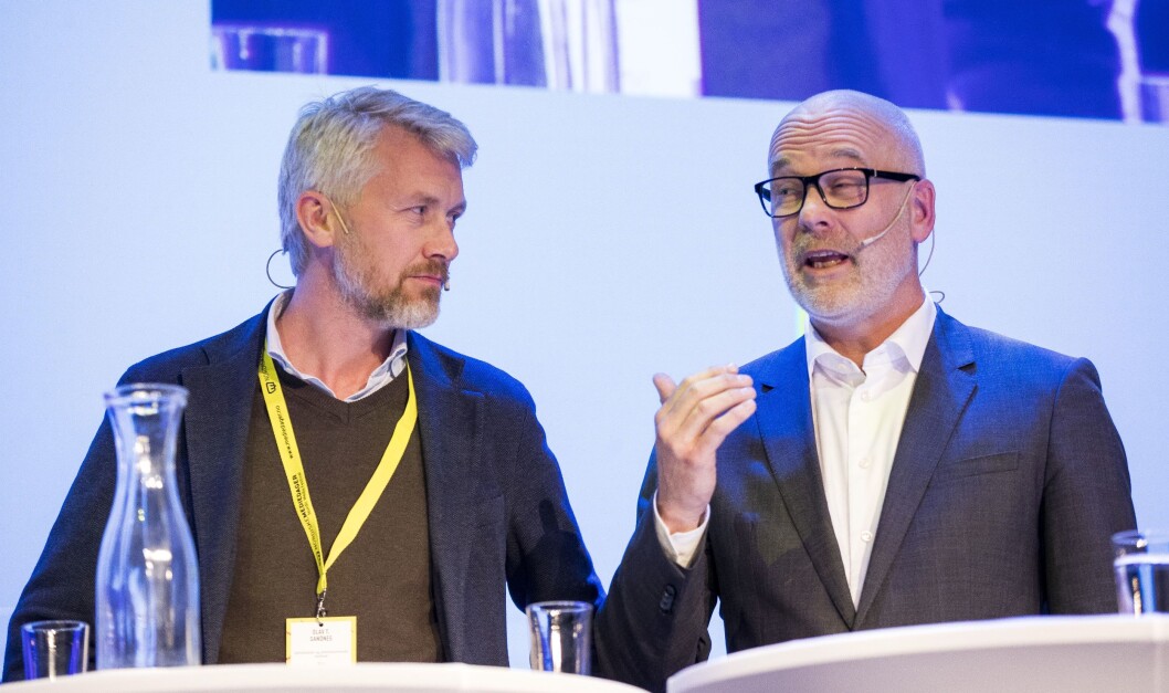 TV 2-sjef Olav T. Sandnes og Thor Gjermund Eriksen - her fra toppmøtet under Nordiske mediedager i Bergen i fjor. TV 2-sjef Olav T. Sandnes og Thor Gjermund Eriksen - her fra toppmøtet under Nordiske mediedager i Bergen i fjor.