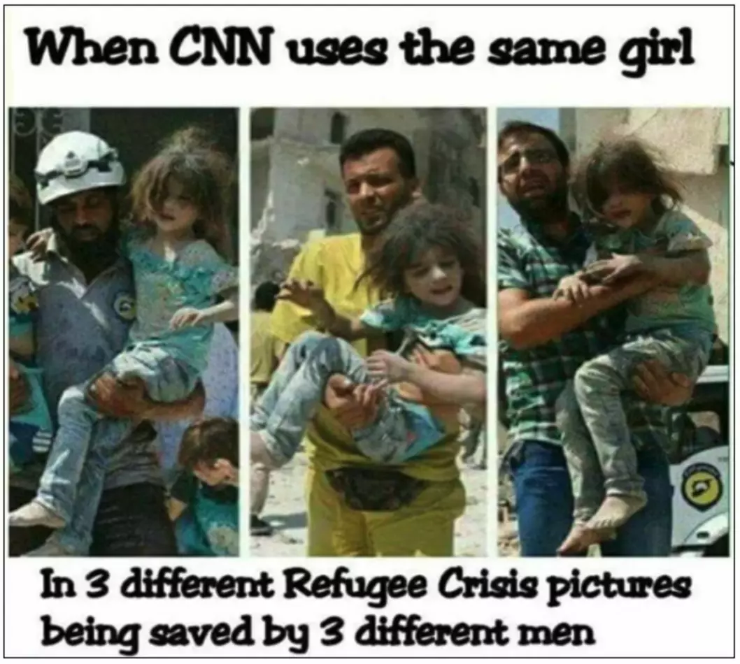 En montasje av tre bilder av en jente som bæres av tre forskjellige menn, har gjentatte ganger blitt brukt som «bevis» på at mediene lyver. Bildene er fra samme situasjon og av samme jente, skriver Faktisk.