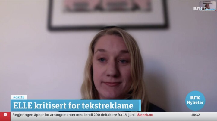 Journalist og litteraturanmelder Erle Marie Sørheim mener Elle publiserer tekstreklame under dekke som journalistikk. Foto: Skjermdump NRK.