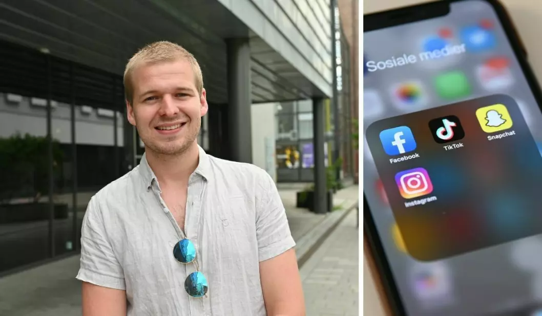 Medieanalytiker Jonas Østrem i Kantar. Til høyre er de sosiale mediene Facebook, TikTok, Instagram og Snapchat.