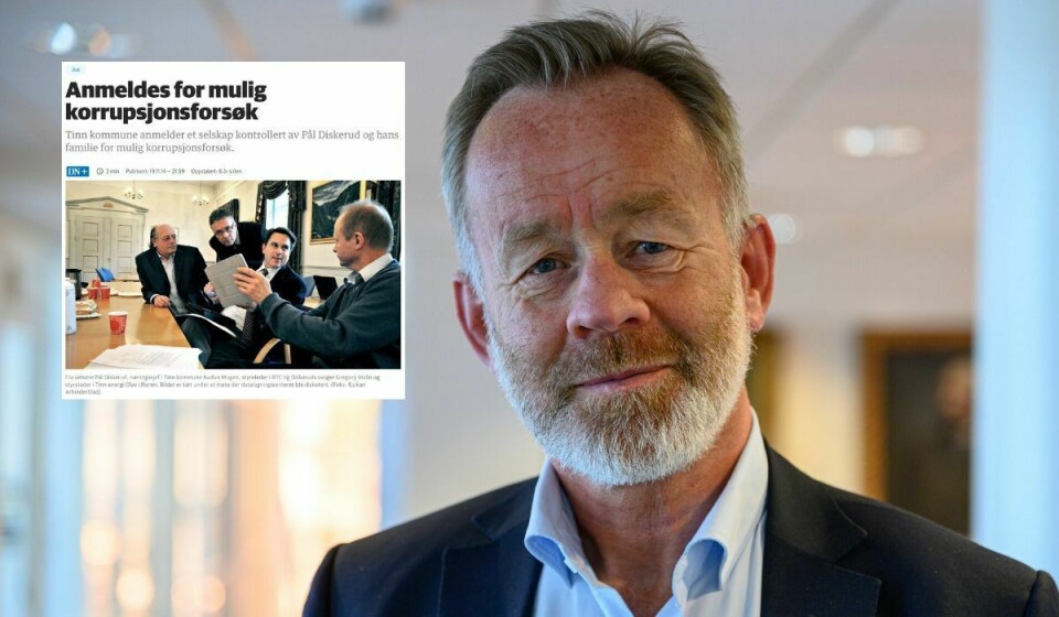 Sjefredaktør Amund Djuve i Dagens Næringsliv. Innfelt er artikkelen frå 2014.