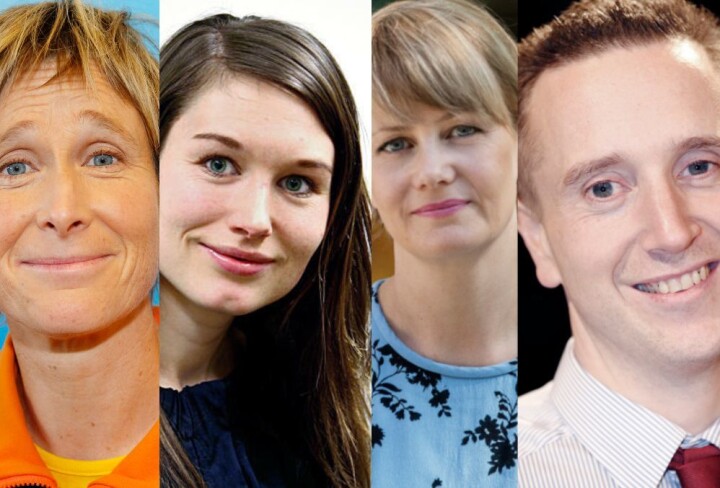 Årets medieprisvinnere, øverst fra venstre: Sigrid Sollund (Lytterprisen), Torstein Bae (TV-prisen), Eirin Eikefjord (Gullpennen) og Linda Eide (Språkgledeprisen). (Foto: NRK, Bergens Tidende).