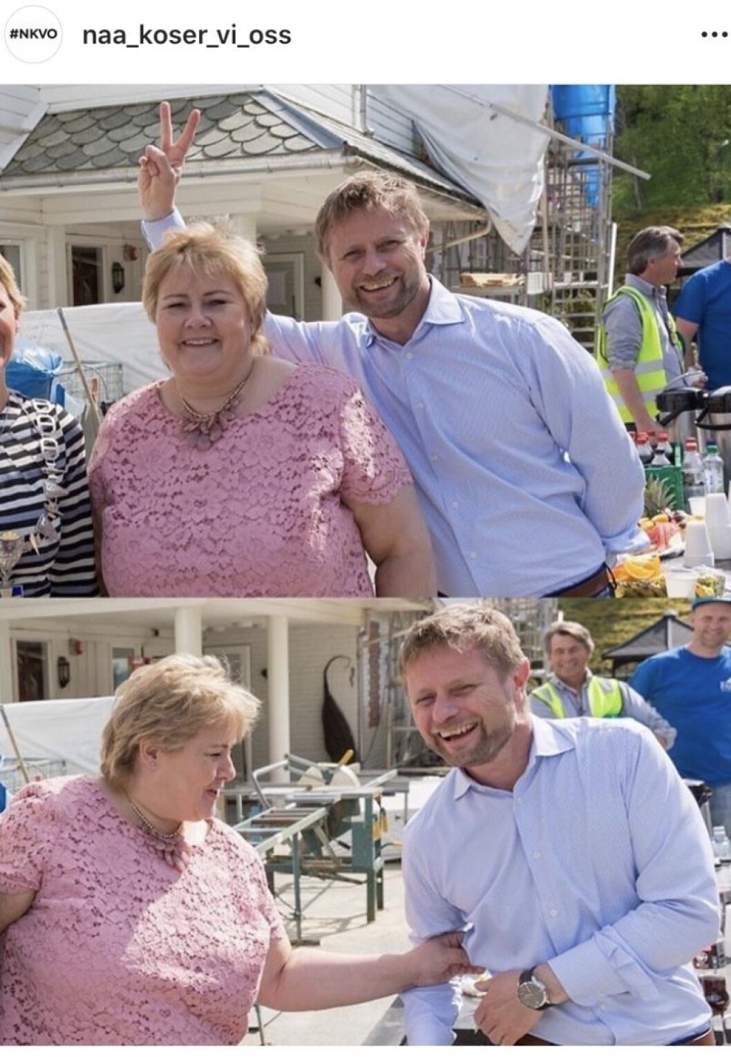 Både kjente og ukjente personer dukker opp på Instagram-kontoen «Naa_koser_ vi_oss». Her er statsminister Erna Solberg avbildet sammen med helseminister Bent Høie. Både kjente og ukjente personer dukker opp på Instagram-kontoen «Naa_koser_ vi_oss». Her er statsminister Erna Solberg avbildet sammen med helseminister Bent Høie.