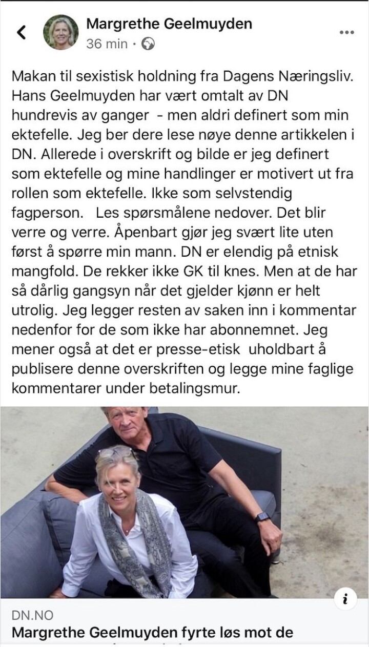 Skjermdump av Margrethe Geelmuydens innlegg på Facebook.