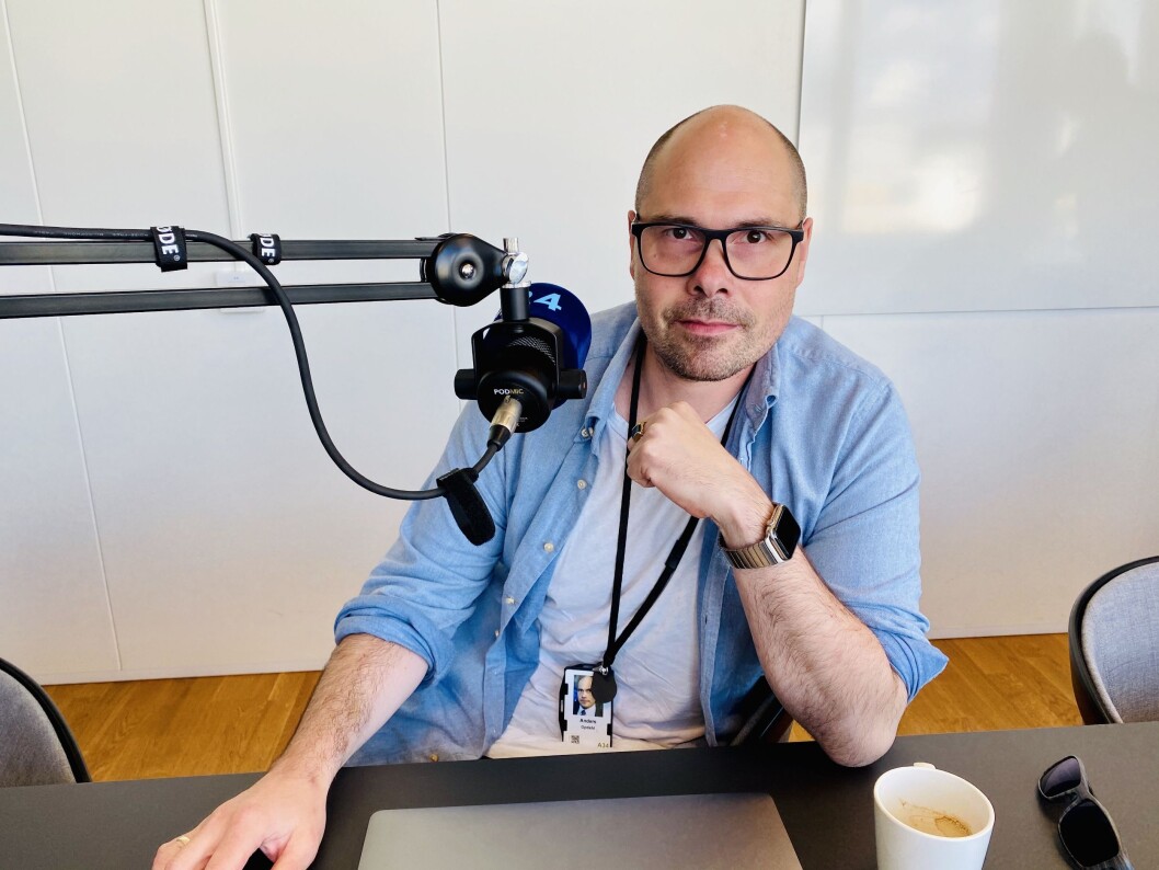 Påtroppende konsernsjef Anders Opdahl (41) i Amedia. Her under innspilling av Pressepodden. Påtroppende konsernsjef Anders Opdahl (41) i Amedia. Her under innspilling av Pressepodden.
