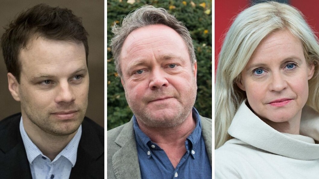Fremskrittspartiets stortingsrepresentant Jon Helgheim, TV 2-korrespondent Fredrik Græsvik og kanalens nyhetsredaktør, Karianne Solbrække. Fremskrittspartiets stortingsrepresentant Jon Helgheim, TV 2-korrespondent Fredrik Græsvik og kanalens nyhetsredaktør, Karianne Solbrække.