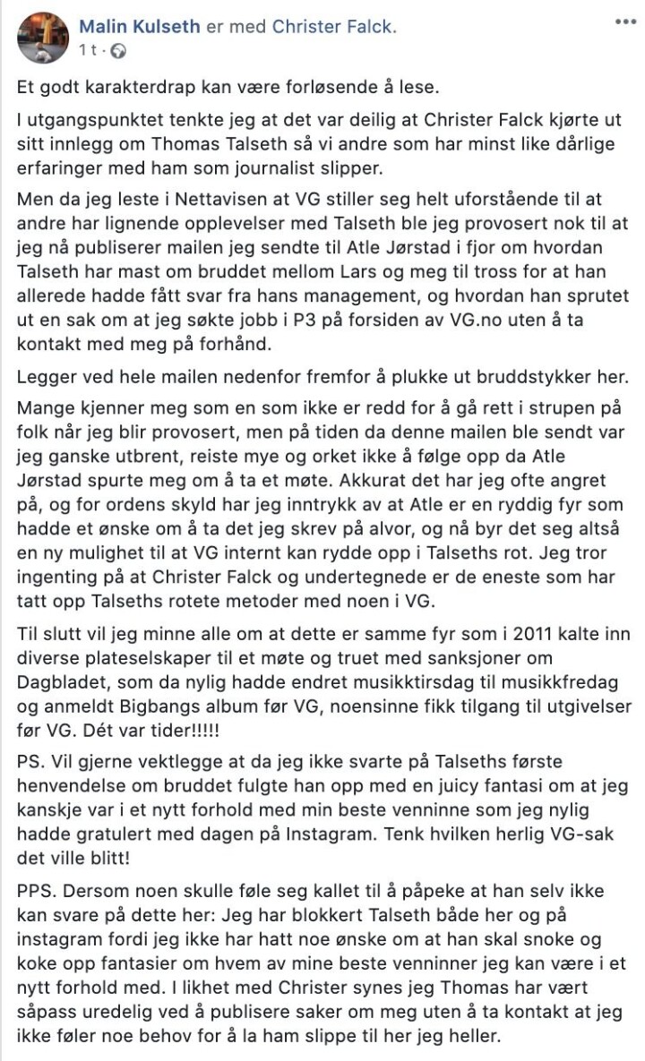 Skjermdump fra Kulseth sitt innlegg på Facebook.
