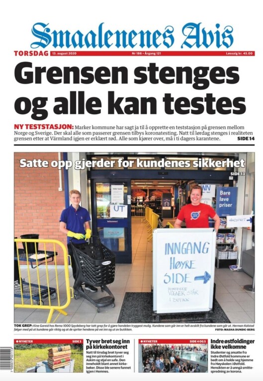 Torsdagens papirutgave av Smaalenenes Avis består av mye korona-stoff. (Skjermpdump). Torsdagens papirutgave av Smaalenenes Avis består av mye korona-stoff. (Skjermpdump).