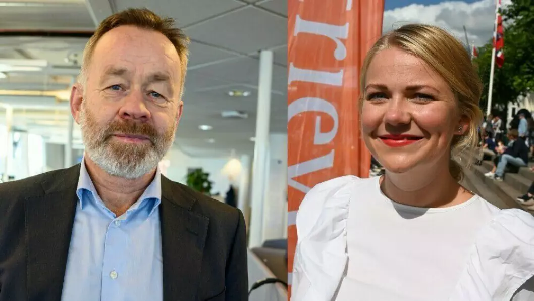 Sjefredaktør Amund Djuve i Dagens Næringsliv og sjef Guro Lindebjerg i Retriever Norge.