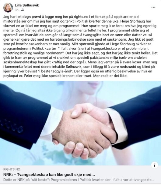 Innlegget til Lilla Sølhusvik på Facebook. Innlegget til Lilla Sølhusvik på Facebook.