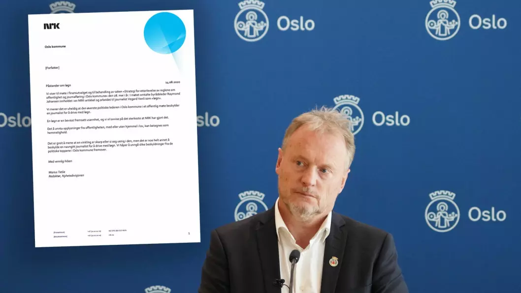 Byrådsleder Raymond Johansen. Innfelt: Brevet fra NRK.