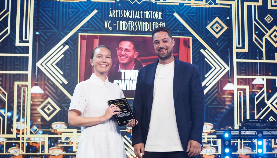 VG - her ved Natalie Remøe Hansen og Kristoffer Kumar - vant årets digitale historie for Tindersvindleren i fjor. VG - her ved Natalie Remøe Hansen og Kristoffer Kumar - vant årets digitale historie for Tindersvindleren i fjor.