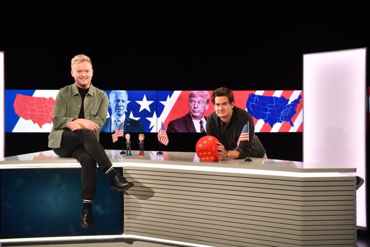 Studioanker Espen Moe Breivik og reporter Matteus Ketner styrer VGTV sin dekning av USA-valget fra Oslo.