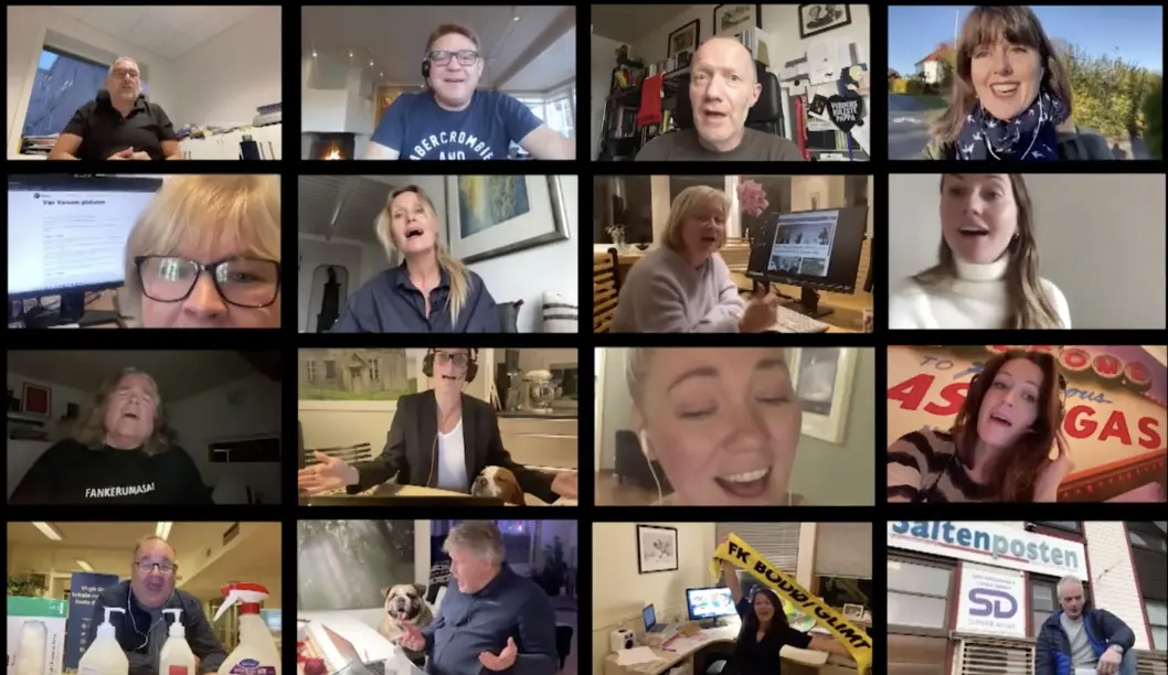 Mange kjente fjes fra mediebransjen deltok i videoen fra Norsk Redaktørforenings digitale kor, som ble vist på NRs høstmøte onsdag.. Mange kjente fjes fra mediebransjen deltok i videoen fra Norsk Redaktørforenings digitale kor, som ble vist på NRs høstmøte onsdag..