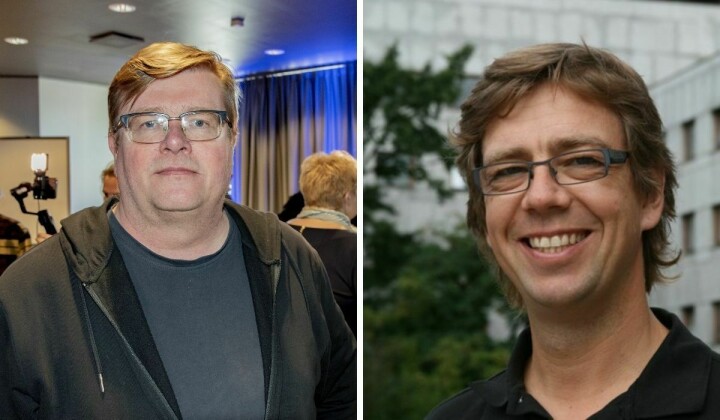 NRKJ-leder Rolf Johansen (til venstre) støtter ikke NRK P2s - her ved kanalsjef Ole Jan Larsen - avgjørelse om å legge ned Nyhetslunsj og Nyhetsettermiddag.