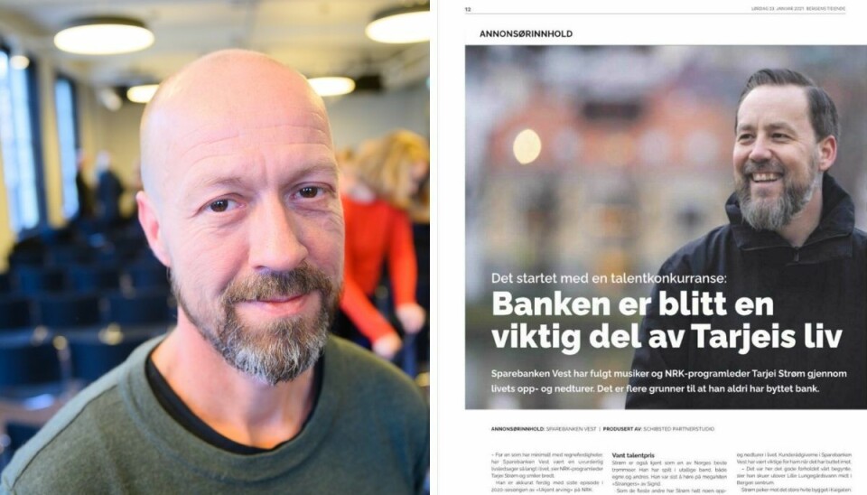 Etikkredaktør Per Arne Kalbakk i NRK og reklame med Tarjei Strøm som var på trykk i Bergens Tidende lørdag.