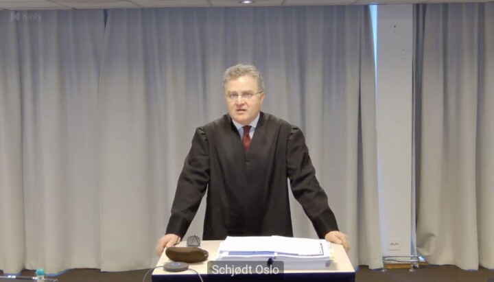 Advokat Harald Helle ved advokatfirmaet Schjødt under tirsdagens direktestrømmede rettssak.