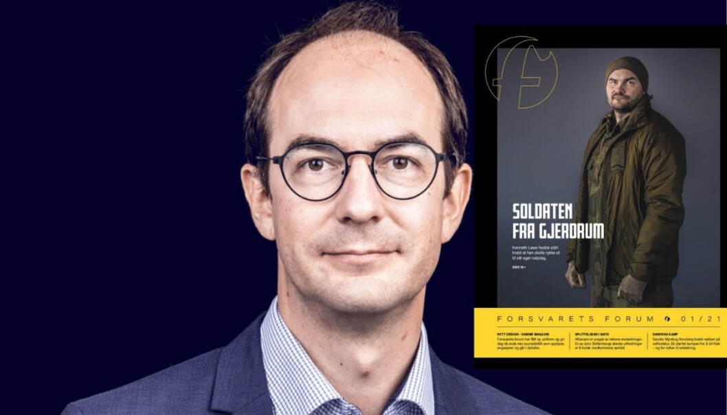 Ansvarlig redaktør Stian Eisenträger og Forsvarets forum har nylig lansert et nytt utseende for sitt papirmagasin, «F». Ansvarlig redaktør Stian Eisenträger og Forsvarets forum har nylig lansert et nytt utseende for sitt papirmagasin, «F».