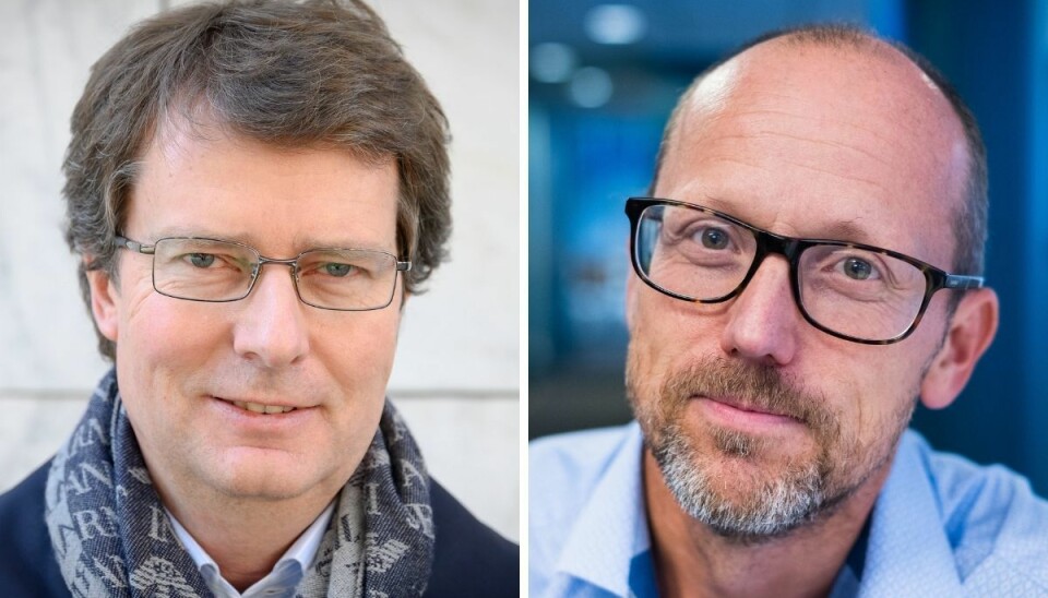 Konsernsjefene Per Axel Koch og Per Magne Tveiten i henholdsvis Polaris Media og Mentor Medier, er fornøyde med at de to konsernene fra nå av skal samarbeide.