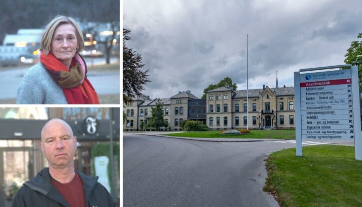 Kommunikasjonsdirektør Signy Svendsen (øverst til venstre) ved Sørlandet sykehus forsvarer den nye praksisen, mens Fevennen-journalist Steinar Vindsland er oppgitt.
