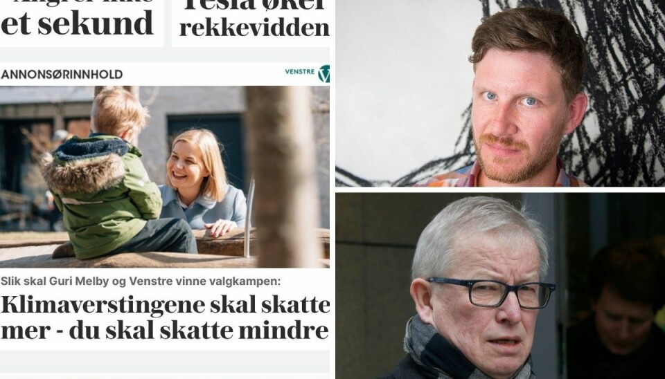 BT-kommentator Jens Kihl og tidligere ansvarlig redaktør i VG, Bernt Olufsen, mener VG burde merke politisk annonsørinnhold tydeligere.