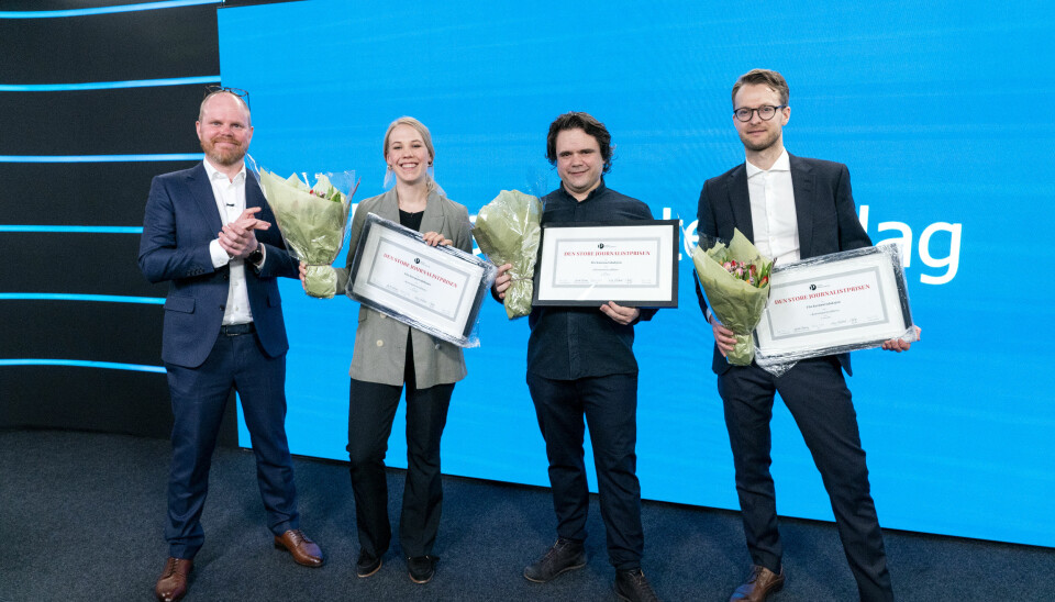 Den store journalistprisen gikk i år til VG. (f.v) Gard Steiro, Oda Leraan Skjetne, Jari Bakken og Sondre Nilsen som mottar prisen på vegne av VG.