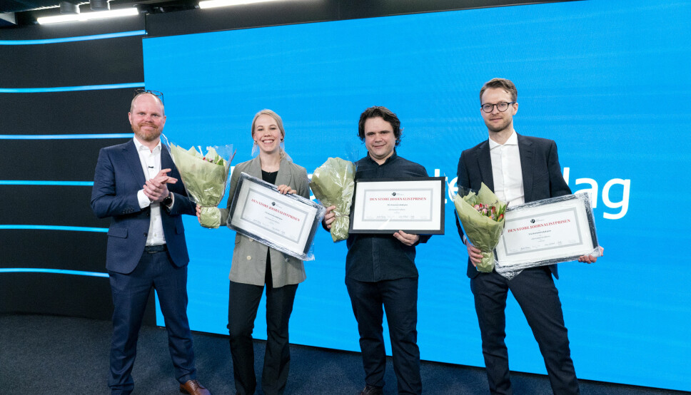 VG stakk av gårde med Den store journalistprisen i fjor. Fra venstre: Gard Steiro, Oda Leraan Skjetne, Jari Bakken og Sondre Nilsen som mottok prisen på vegne av VG.