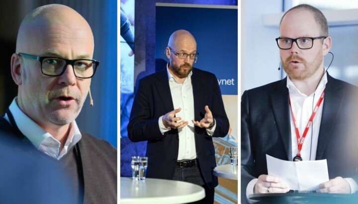 NRK-sjef Thor Gjermund Eriksen (fra venstre), Amedia-direktør Pål Nedregotten og VGs sjefredaktør Gard Steiro har alle tre gått sammen om et nei til Facebook.