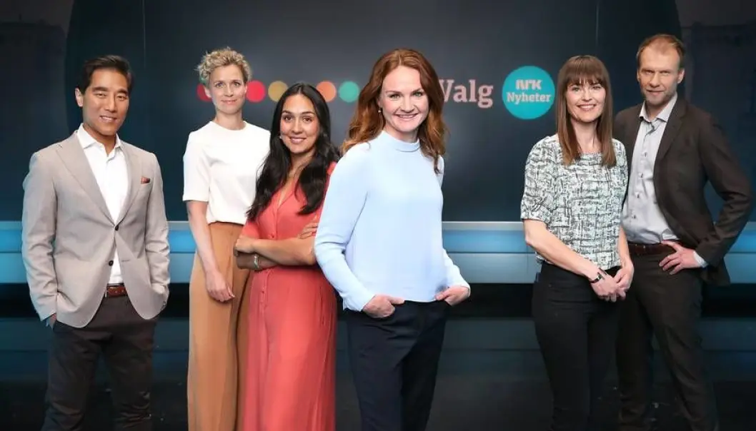 Her er NRKs programlederne for valgdekningen i år: Fredrik Solvang, Ingunn Solheim, Bahare Viken, Åsa Vartdal, Astrid Randen og Atle Bjurstrøm (pluss Ingerid Stenvold). Her er NRKs programlederne for valgdekningen i år: Fredrik Solvang, Ingunn Solheim, Bahare Viken, Åsa Vartdal, Astrid Randen og Atle Bjurstrøm (pluss Ingerid Stenvold).