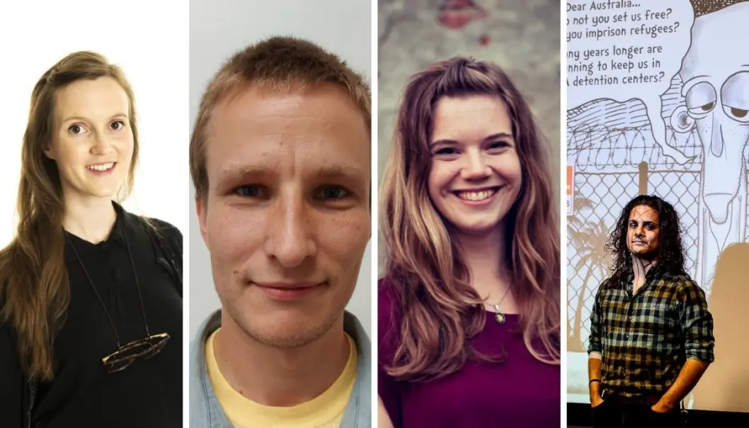 May Linn Clement (fra venstre), Emil Ellefsen, Jenny Jordahl og Ali Dorani er fire av de ni satiretegnere som nå får arbeidsstipend fra Fritt Ord. May Linn Clement (fra venstre), Emil Ellefsen, Jenny Jordahl og Ali Dorani er fire av de ni satiretegnere som nå får arbeidsstipend fra Fritt Ord.