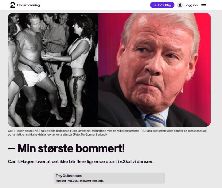 Da Eli Hagen så dette bildet, måtte Carl I Hagen flytte ut og bo hos sin mor en stund. Det eneste Frp-politikeren hadde gjort, var jo bare å danse i en trang truse på «badedico» i 1982. - Det er viktig å trekke opp sine egne grenser, og vite hvem du er. Er du en ukjent politiker og trenger oppmerksomhet, gjør du hva du kan for å bli rikskjendis, sier Carl I. Hagen i dag.