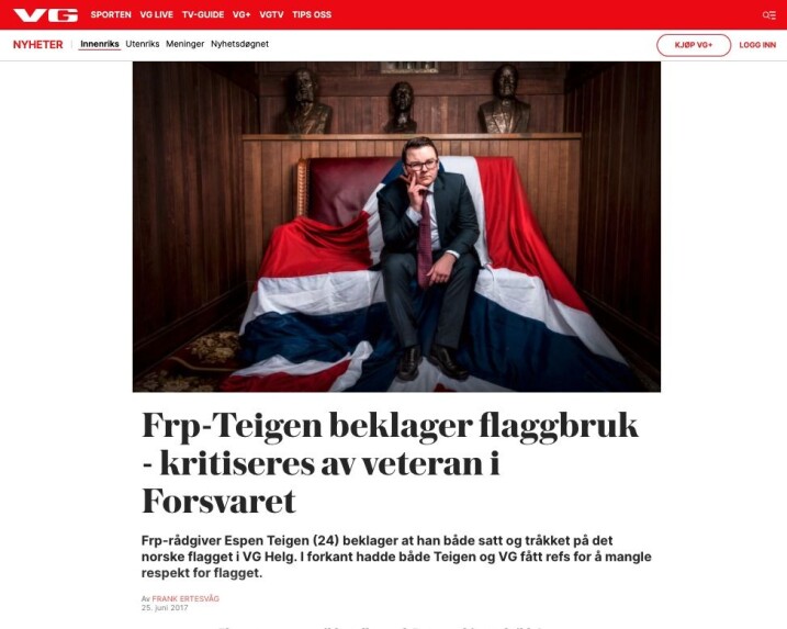 Sittende på flagget, og posere med sigar. Frps presserådgiver Espen Teigen kjører tung symbolikk i jakten på stemmer før 2017-valget. Krigsveteraner havnet på krigsstien etterpå.