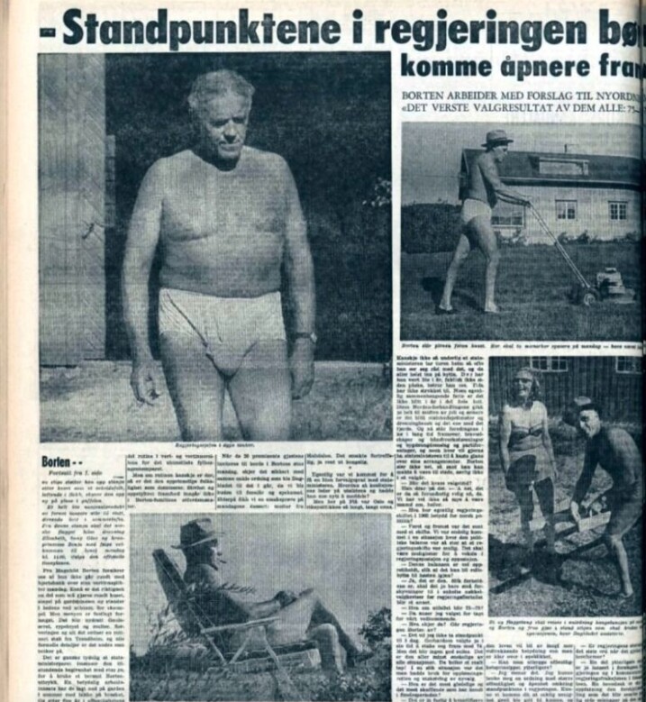 Ja vel, Per Borgen, er enig i at standpunktene i regjeringen bør komme fram, slik tittelen i Dagbladet en høstdag i 1969 forteller - men det er bildene jeg stopper opp ved. Ikke bare underbuksa, men hatten og den stilige gressklipperen.