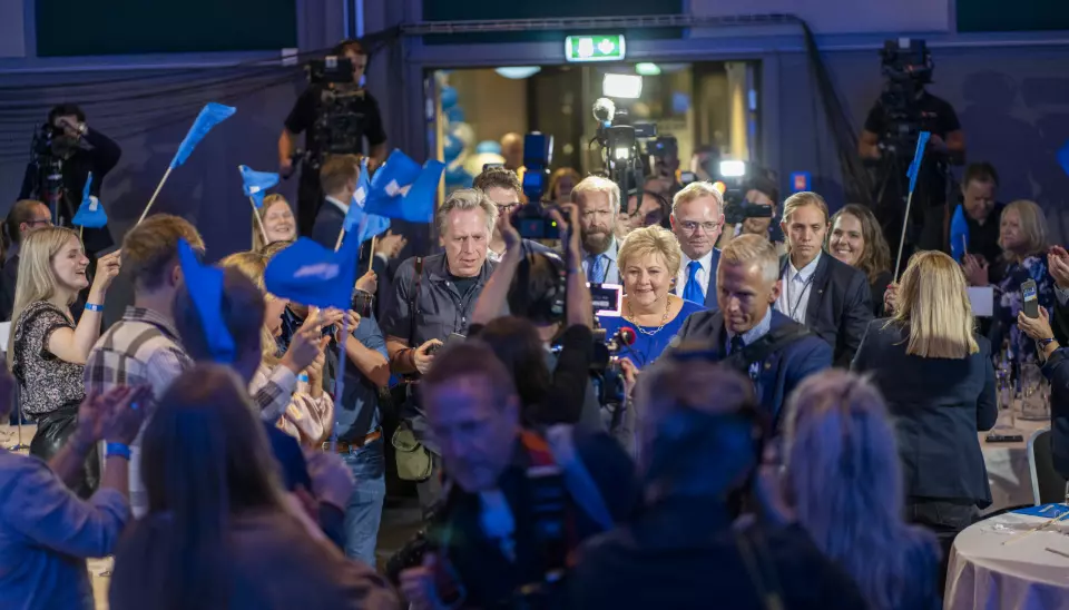 Erna Solberg på Høyres valgvake på Radisson Blu Scandinavia Hotel under stortingsvalget 2021.