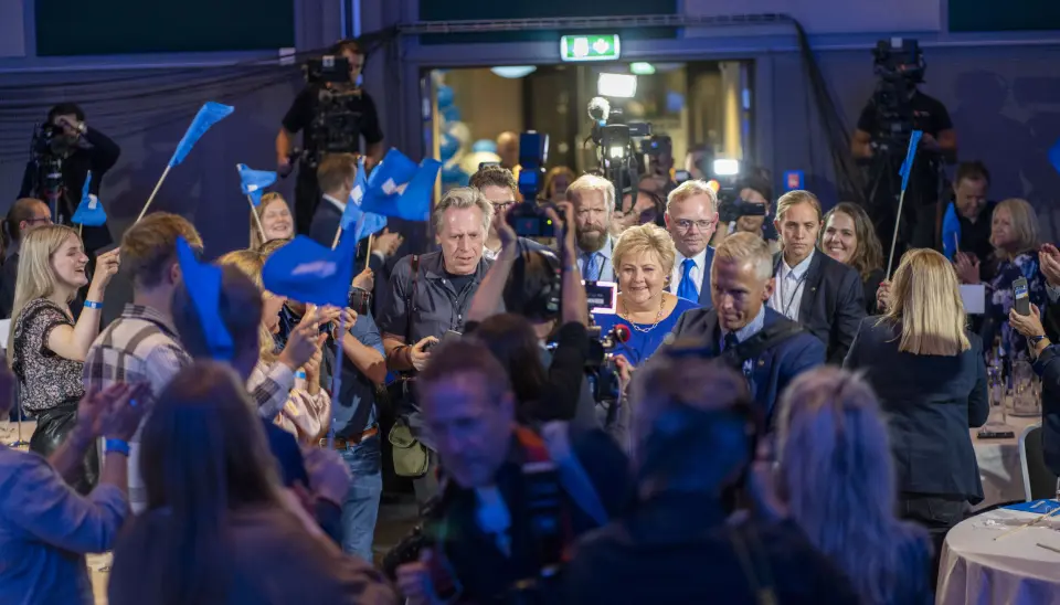 Erna Solberg på Høyres valgvake på Radisson Blu Scandinavia Hotel under stortingsvalget 2021. Erna Solberg på Høyres valgvake på Radisson Blu Scandinavia Hotel under stortingsvalget 2021.